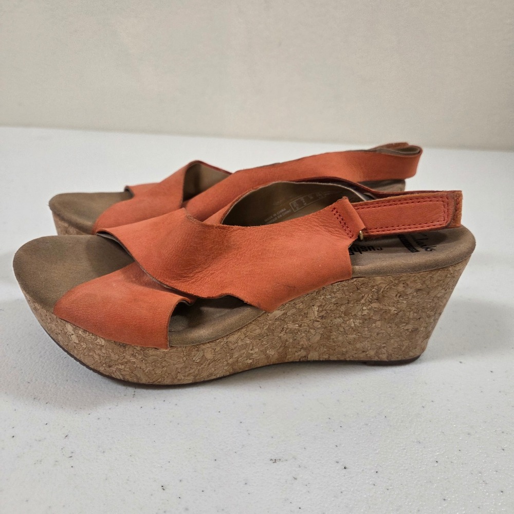 Clarks Cushion Soft Orange Leather Cork Wedge Sandals Womens 8 M Slingback